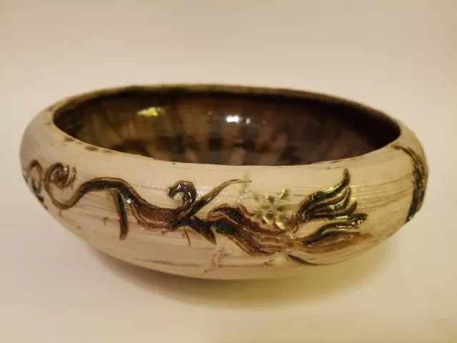 Large Signed Studio Art Pottery Bowl Crackle Glass Bottom Carved Glaze 10" Diam