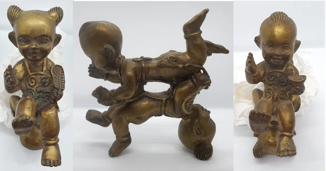 Curieux Sujet Japon Chine BRONZE XIXe ENFANTS JEUX PORTE BONHEUR - 485g 9cm/9cm