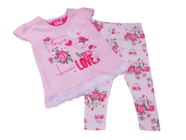 BNWT Baby girls summer pink Love heart top & floral rose leggings outfit clothes