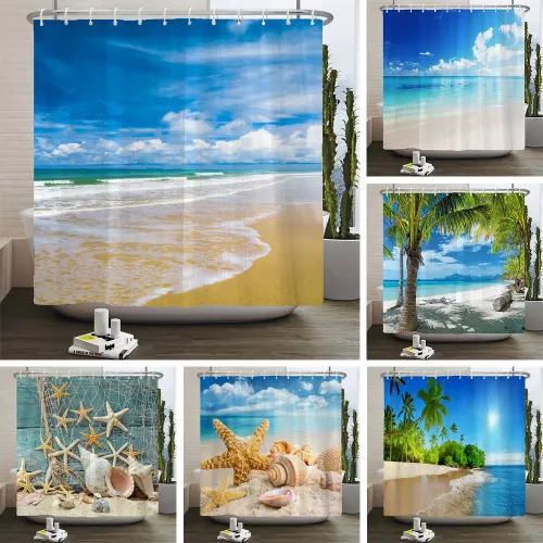 3D BEACH SCENERY Shower Curtains Sea Ocean Bathroom Curtain Decor Bath  Curtain £52.37 - PicClick UK