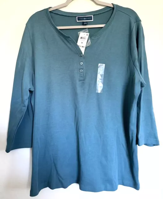 KAREN SCOTT - Women's 3 Button Henley Shirt - Plus Size 1X - Deep Jade - NEW