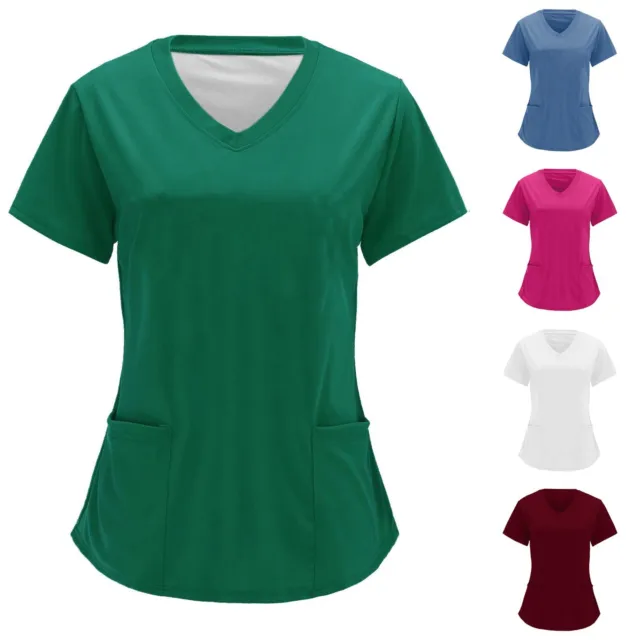 Women Scrub Nurse Shirt  Short Sleeve V-Neck Stretch Tops Plus Size Pocket Tunic