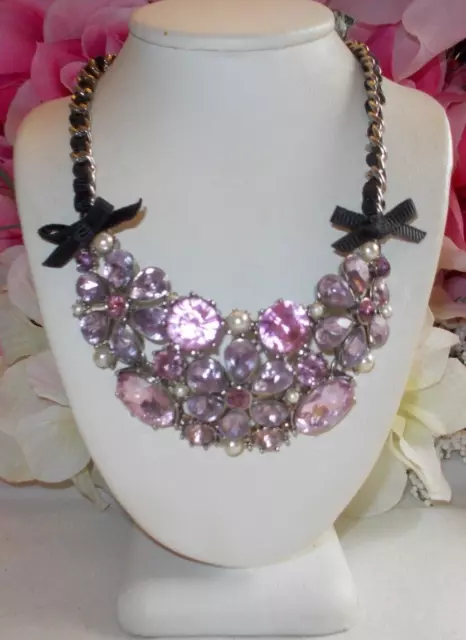 Betsey Johnson Lovely Pink Floral Crystal And Faux Pearl Cluster Necklace-Nwot