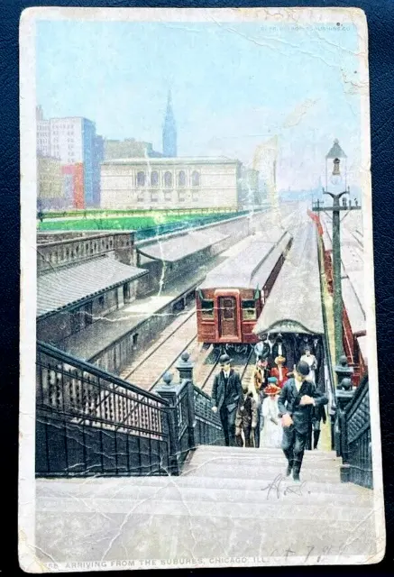 CHICAGO ILLINOIS 1916 Postmarked Antique Photo Postcard Train Station