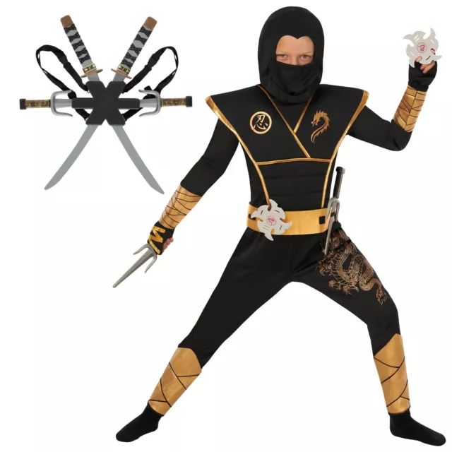 Kids Deluxe Black Gold Ninja Costume Toys Swords Boys Girls Warrior Halloween