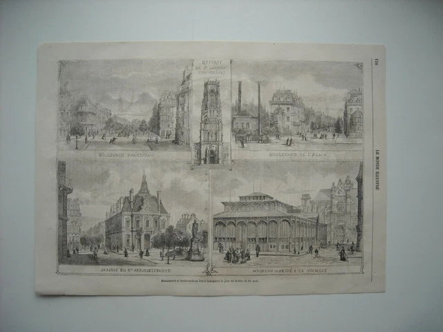 Gravure 1864. Monuments Et Blds De Paris Inaugures; Bld. Haussmann. Alma. Mairie