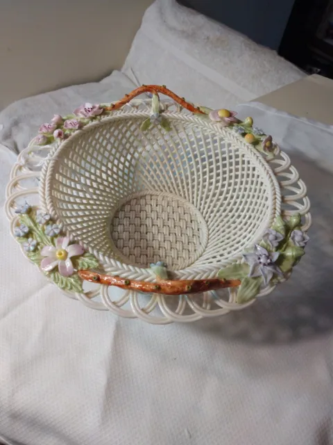 Vtg Belleek Porcelain Woven Basket w Fab Encrusted Floral Handles Perfect 8th Mk