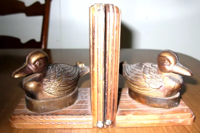 Vintage Copper Color Cast Metal Duck Wood Bookends Mallard Hunting Decoy Decor