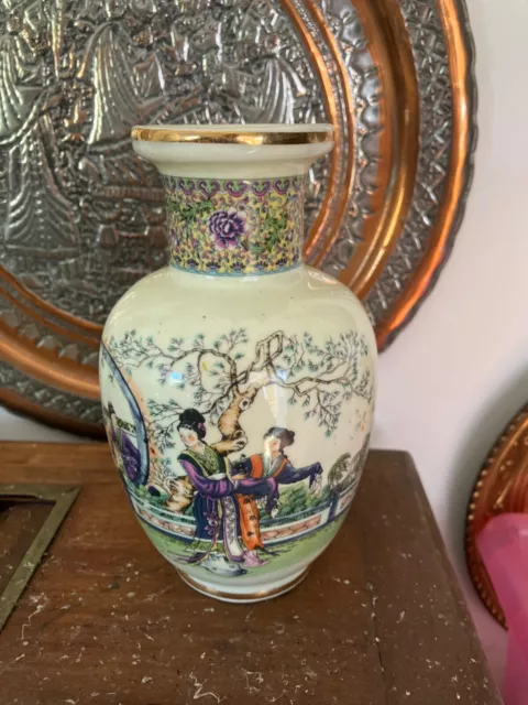 Vintage Japanese Ceramic Vase Traditionally Dressed Ladies In Garden Setting