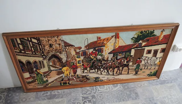 Ancienne Tapisserie-Canevas : Carrosse à 4 Chevaux