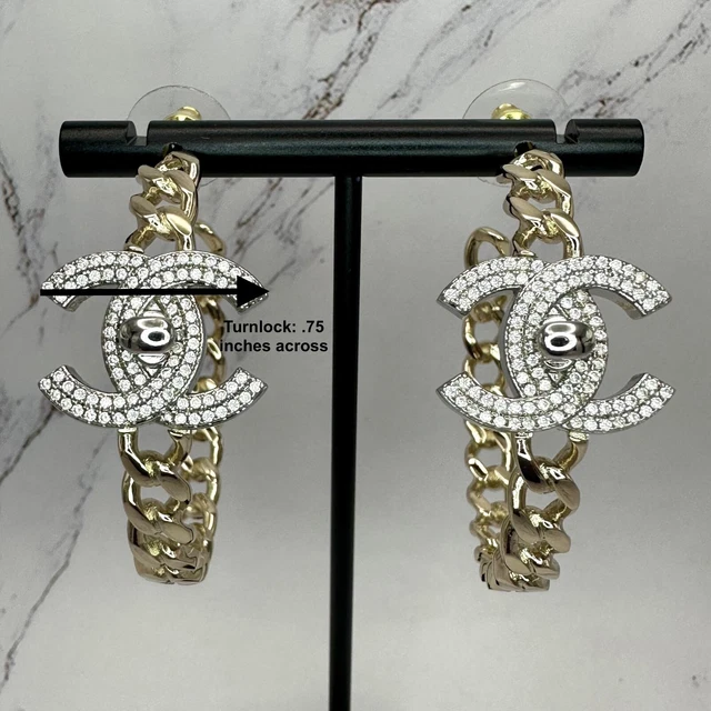 NWT CHANEL RUNWAY CHA NEL Letter Logo Crystal Statement Earrings w