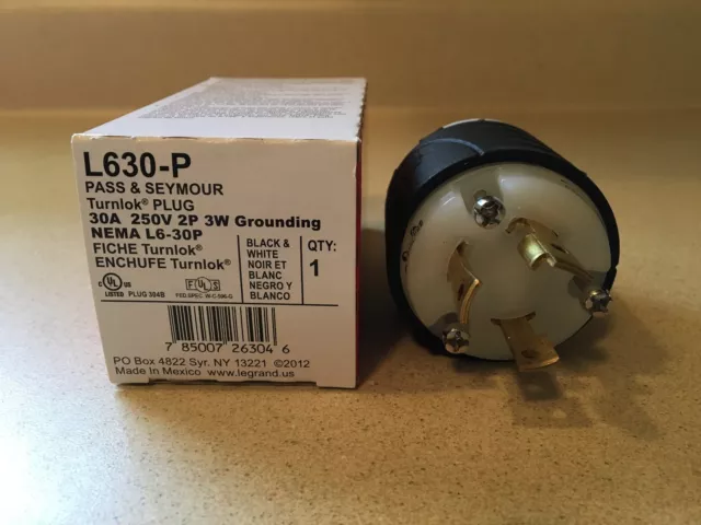 Pass & Seymour Legrand L630-P Turnlock Plug, 30A 250V 2P 3W NEMA Black White