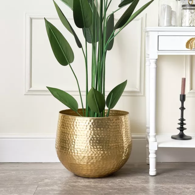 Large round gold hammered metal planter plant pot decorative botanical vase gift