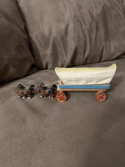 Vintage "PRAIRIE COVERED CONESTOGA WESTERN WAGON & HORSES" WOODEN TOY, JAPAN