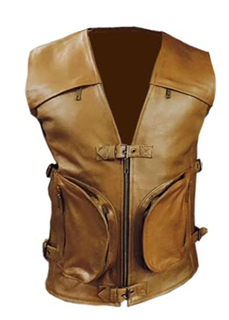 Uomo Stile Biker Originale Mucca IN Pelle Marrone Moto Gilet