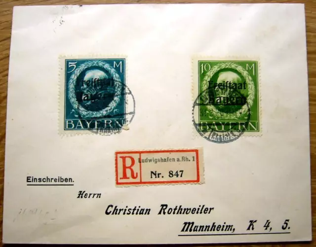 Bayern MiNr. 168-169 A auf philatelistischem R-Brief von Ludwigshafen, 195.-