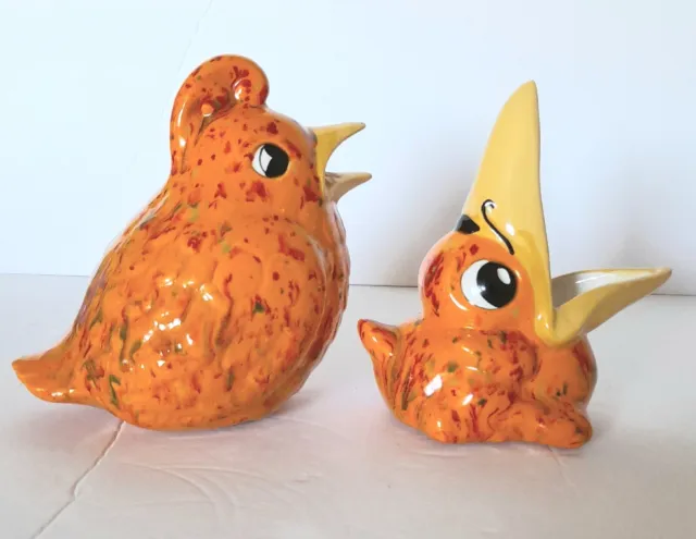 Vintage Ceramic Partige Quail Bird And Chick Potpourri Set Orange Speckled Glace