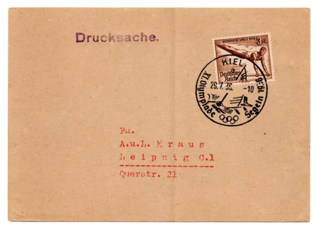 Drucksache Olympiade Segeln 1936 mit Sonderstempel Kiel nach Leipzig