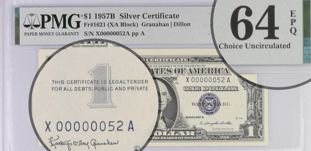 Low Serial Number 52 Silver Certificate Year 1957 PMG 64EPQ Birthyear 1952
