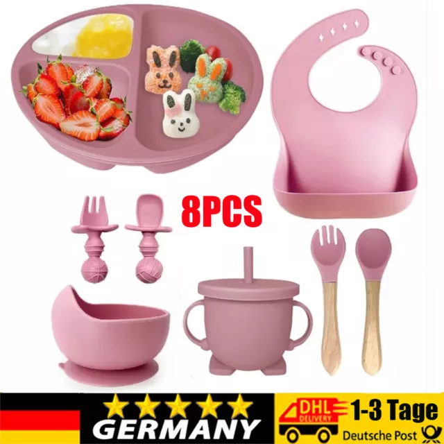 8 in 1 Silikon Baby Geschirrset Kindergeschirr Kinder Teller w/Saugnapf BPAFrei