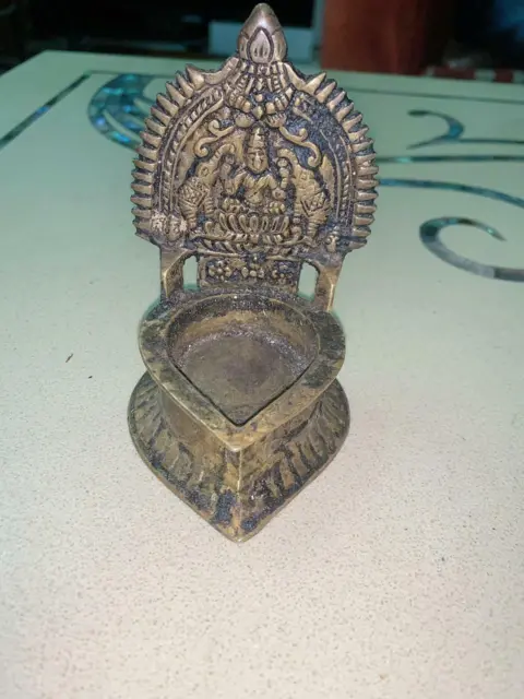 Old Vintage Hindu Devi Maa Diya Oil Lamp Brass Statue Rich Patina Collectible