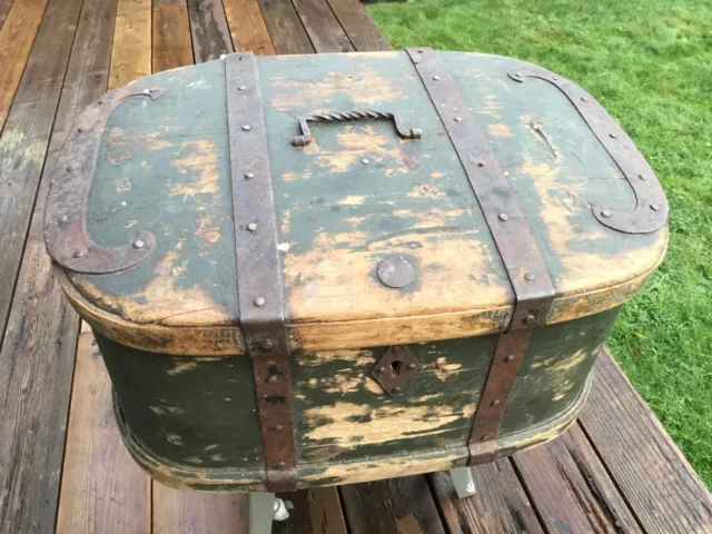 Large 18th Century Primitive Bentwood Chest, Trunk, Forged Iron Straps, 1760