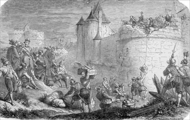 SIÈGE de PARIS : HENRI IV donnant de la nourriture aux PARISIENS - Gravure 19e