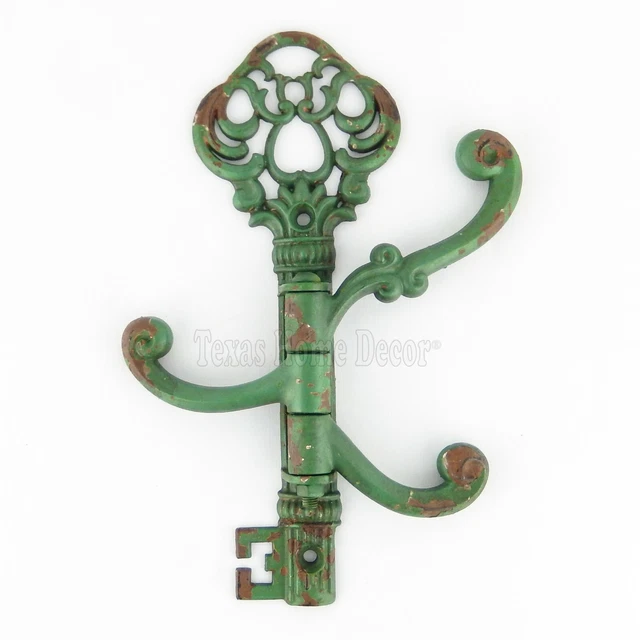 Victorian Key Swivel Wall Hook Coat Hanger Rack Green Rusted Antique Style Iron