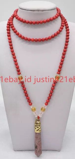 Natural 8mm South Sea Red Coral Round Gemstone Beads Pendant Necklace 36 Inch