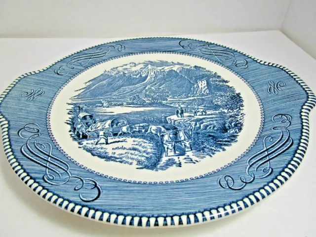 Vtg. Royal China Currier & Ives Blue Round Tab Handle Serving Platter Cake Plate