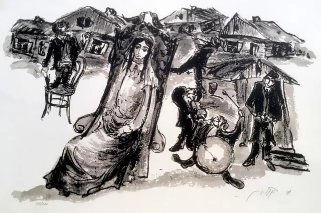 HAND SIGNED Jewish ART LITHOGRAPH Polish SHTETL Judaica STETL WEDDING Holocaust