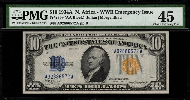 1934A $10 North Africa WWII Emergency Issue FR-2309 - Graded PMG 45
