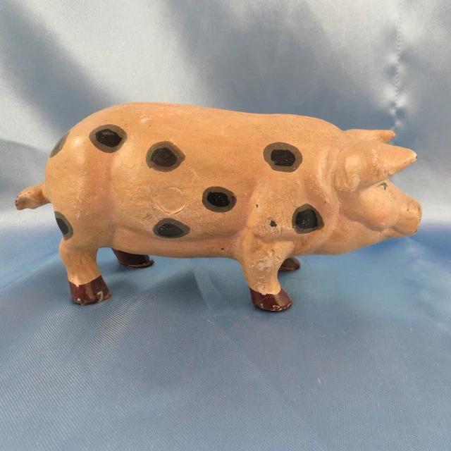 Vintage Heavy CAST IRON Pig Figurine Door Stop 5.5" Long Pink Piggy Paperweight
