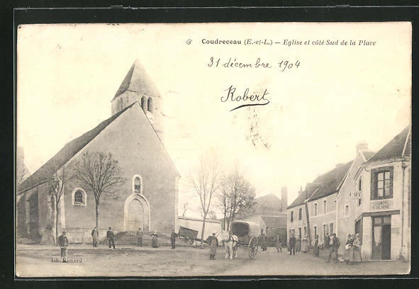 CPA Coudreceau, Eglise et côté Sud de la Place, vue partielle 1904