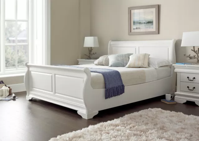 White Wooden French Country Farmhouse Sleigh Bed by Time4Sleep 4ft6/5ft New