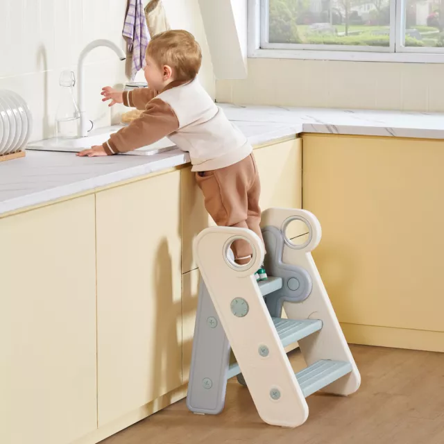 VEVOR Taburete con Escalón para Niños Plegable Ajustable de 3 a 2 Escalones Azul