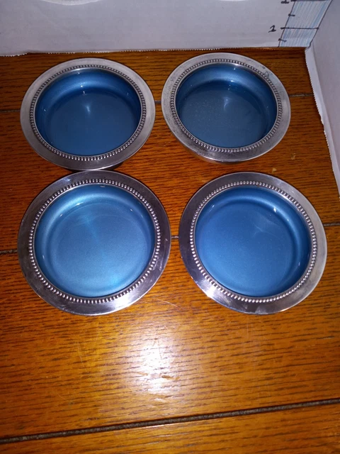 Vintage Silver Plate Drink Coasters W&S Blackinton Blue Enamel Interior Set of 4