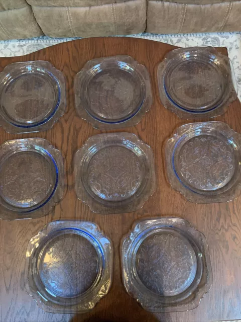 Set Of 8 10.5" Federal MADRID Pattern BLUE DEPRESSION Glass SQUARE Dinner Plates