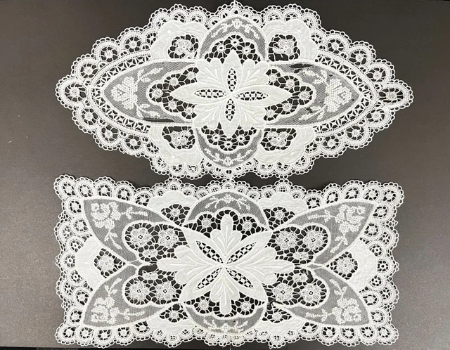 2 VTG White Schiffli Chemical Lace Rose Maltese Cross Open Work Doilies 12x6'' 2 VTG White Schiffli Chemical Lace Rose Maltese Cross Open Work Doilies 12x6''
