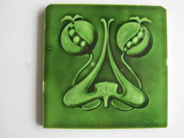 Antique 6" Moulded & Majolica  Glazed Green Art Nouveau Tile - Corn Bros