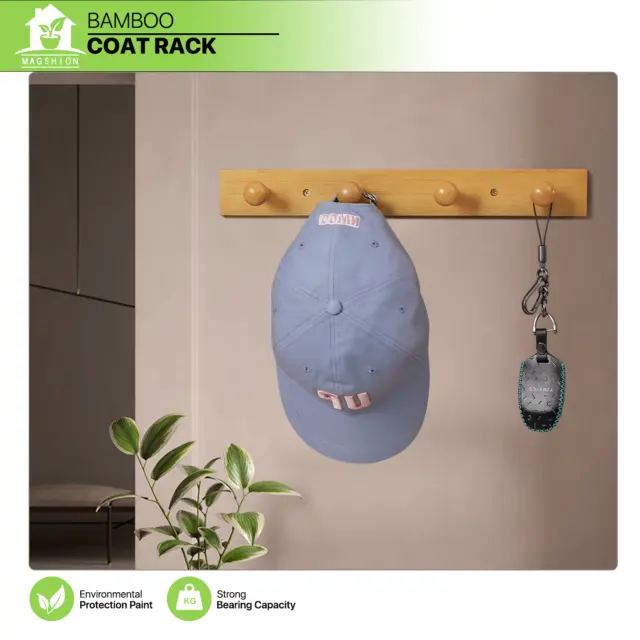 15" Natural Bamboo[4 HOOKS]Wall Mounted Coat Rack Hallway Hat Hanger Keys Holder