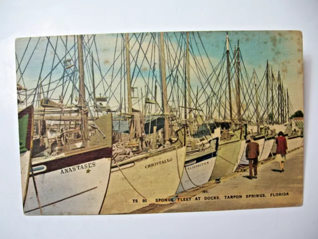 1930's era Sponge Fleet at Dock,Tarpon Springs, Florida Postcard