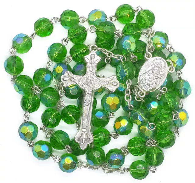 Green Crystallized Glass Beads Rosary Necklace  Holy Soil Medal & Cross