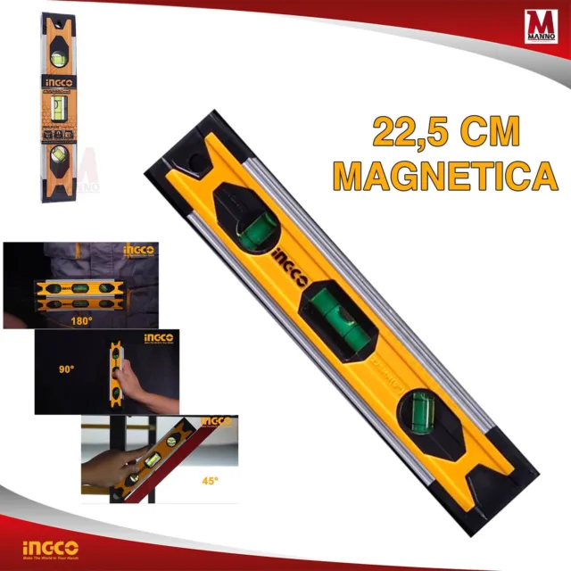 Ingco MINI LIVELLA A BOLLA 22,5 Cm MAGNETICA con 3 Bolle Alluminio Professionale
