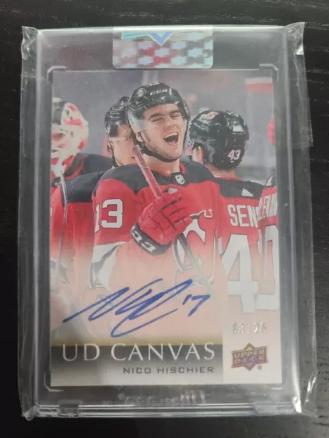 18-19 Clear Cut Canvas Signatures Blue Ink 3/25 Nico Hischier New Jersey Devils