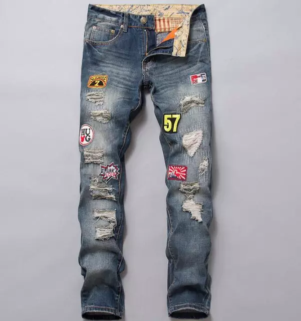 Pantaloni in denim da uomo punk rock distintivo strappato tacco sottile ricamo pantaloni