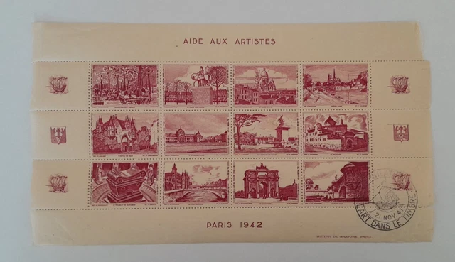 Bloc de coin  timbres Paris  1942 Aide aux artistes 21 novembre 1941