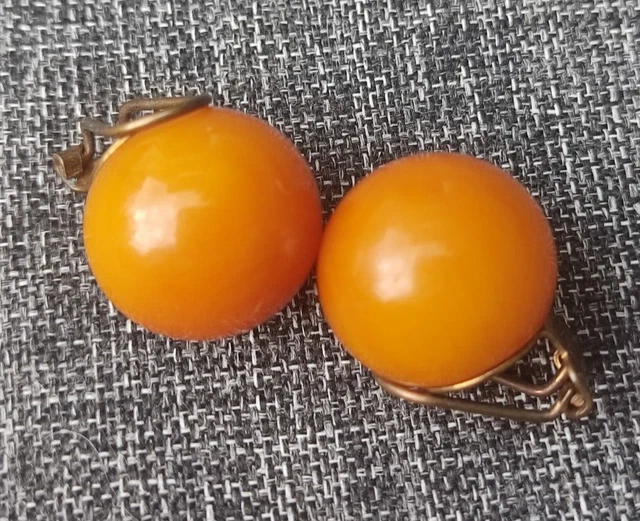 Boucles D'oreilles Clips Vintage – Boules En Bakélite Ambrée – Occasion Bon état