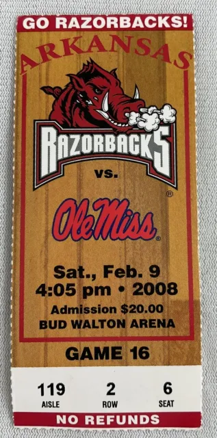 2008 02/09 Ole Miss at Arkansas Basketball Ticket-Chris Warren 26pts