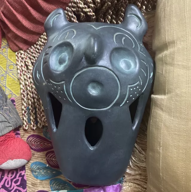 Black Pottery Owl Face Signed Bear Mark Case Pot Candle Holder Primitive Tribal